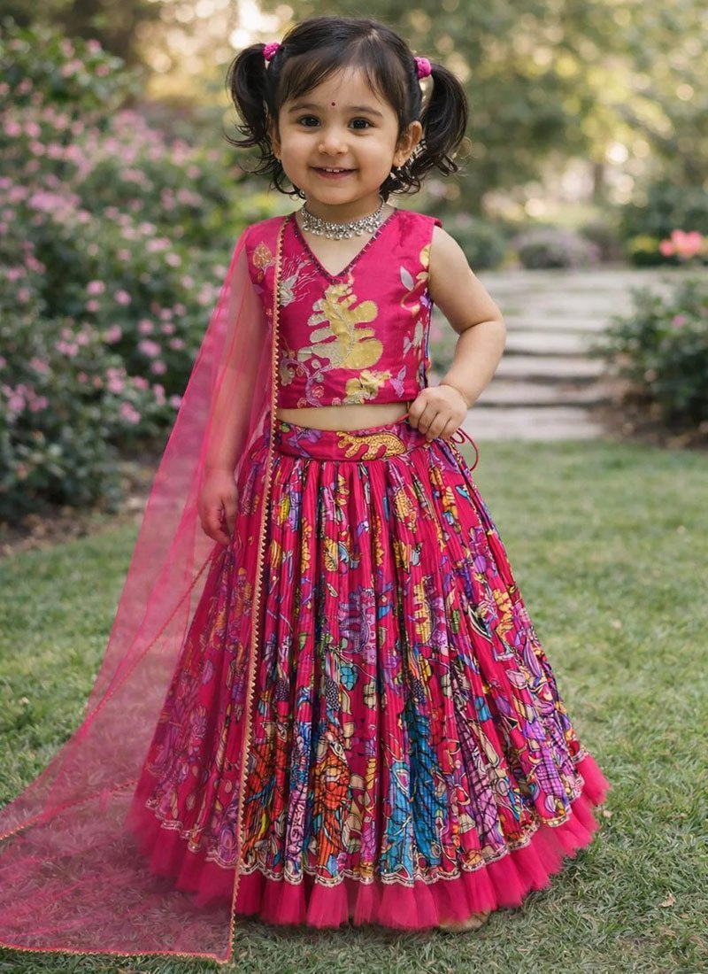 Dark Pink Printed Crepe Umbrella Lehenga Set