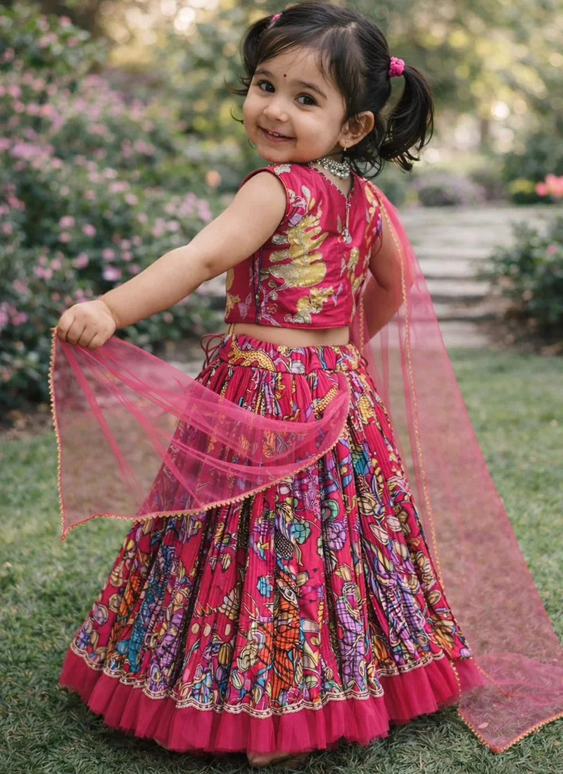 Dark Pink Printed Crepe Umbrella Lehenga Set - Image 2