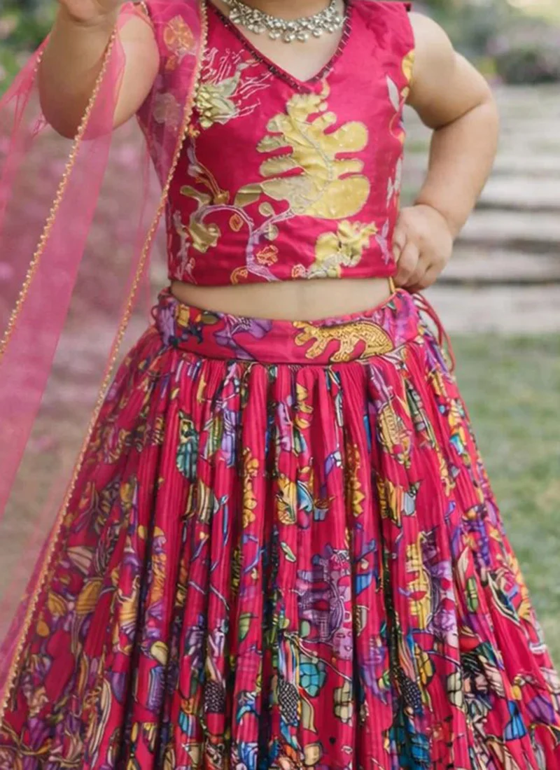 Dark Pink Printed Crepe Umbrella Lehenga Set - Image 3