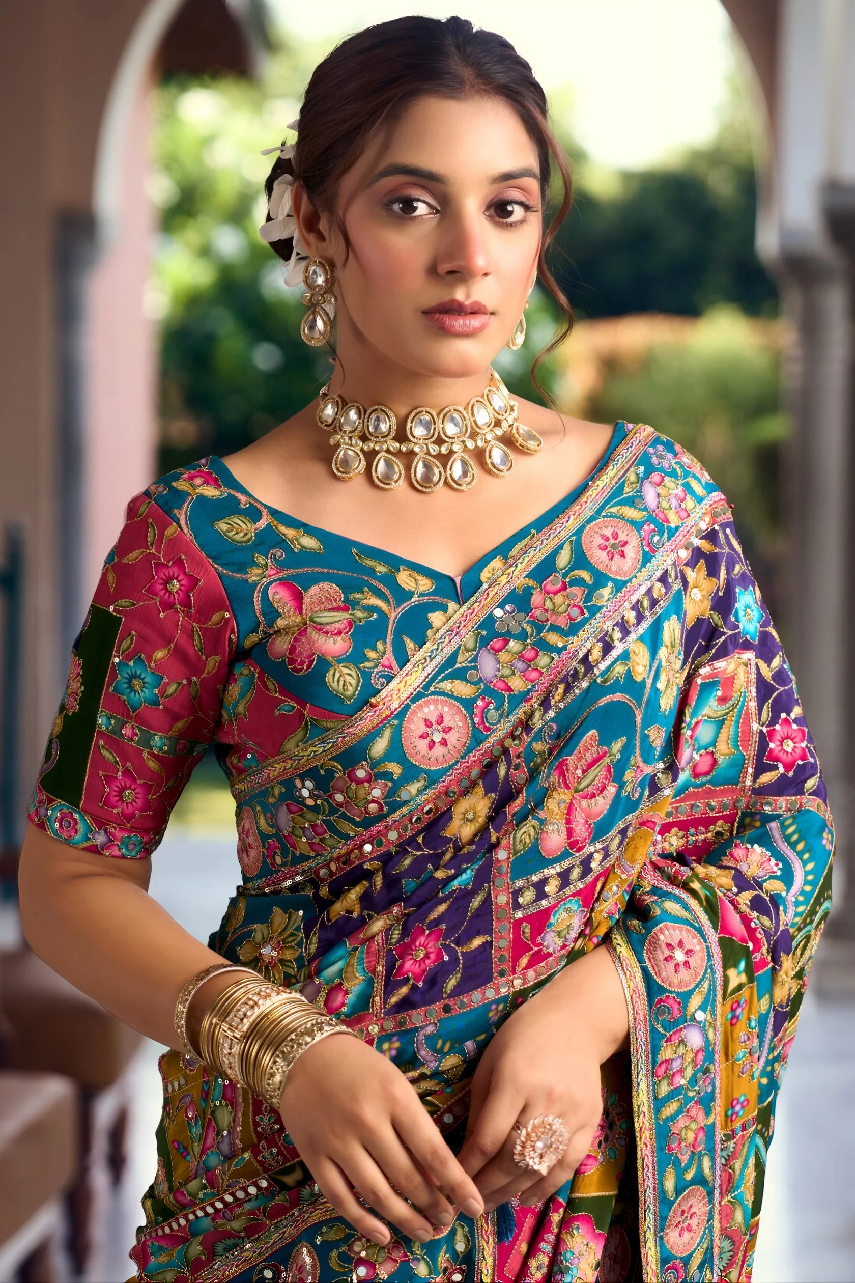 Designer Multicolor Embroidered Saree - Image 2