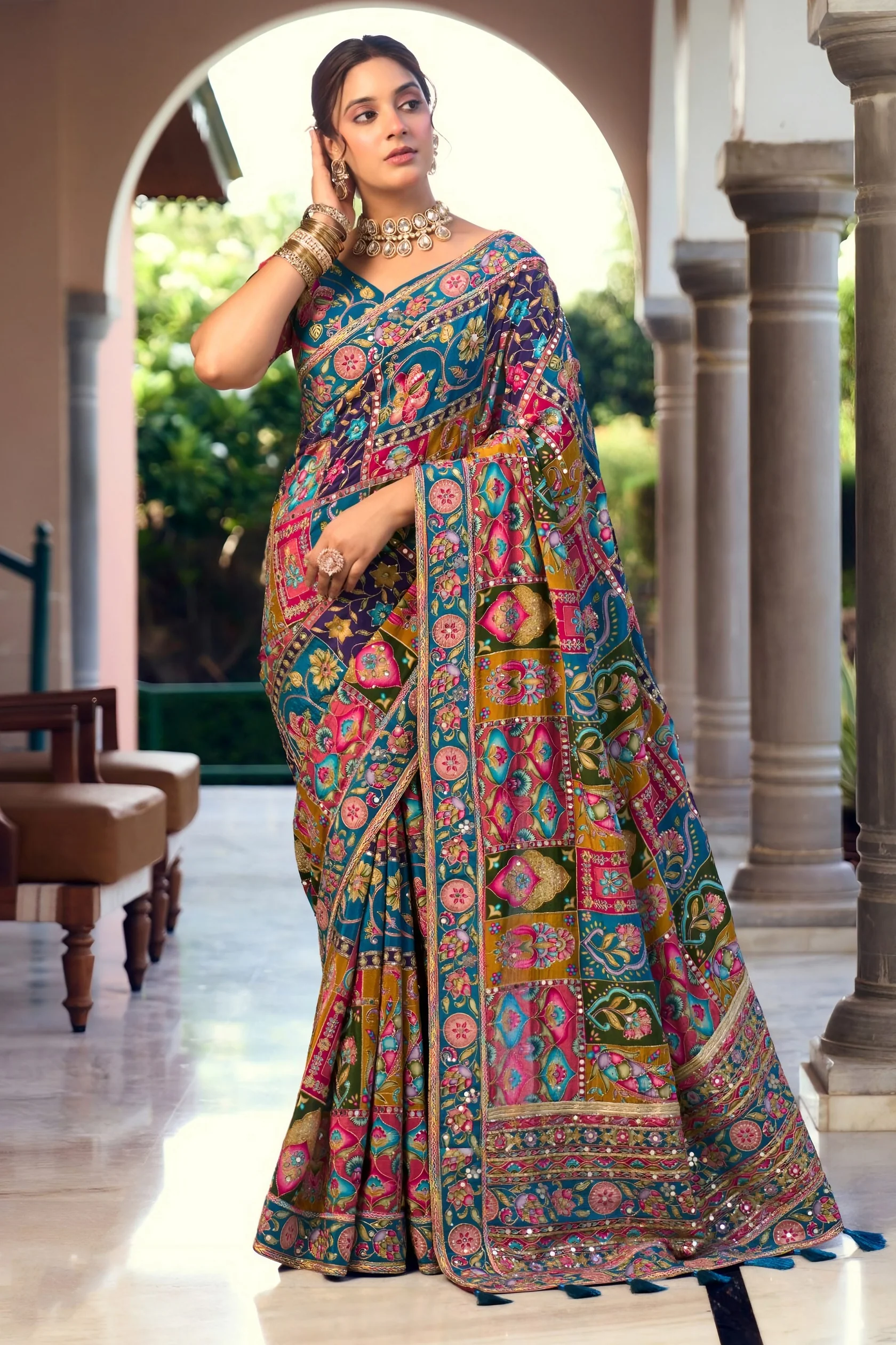 Designer Multicolor Embroidered Saree