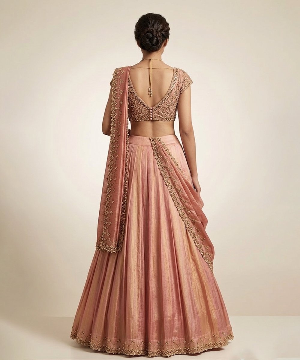 Elegant Peach Embroidered Tissue Lehenga Set - Image 3