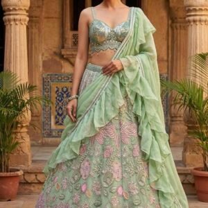 Elegant Sea Green Silk Blend Embroidered Lehenga Set