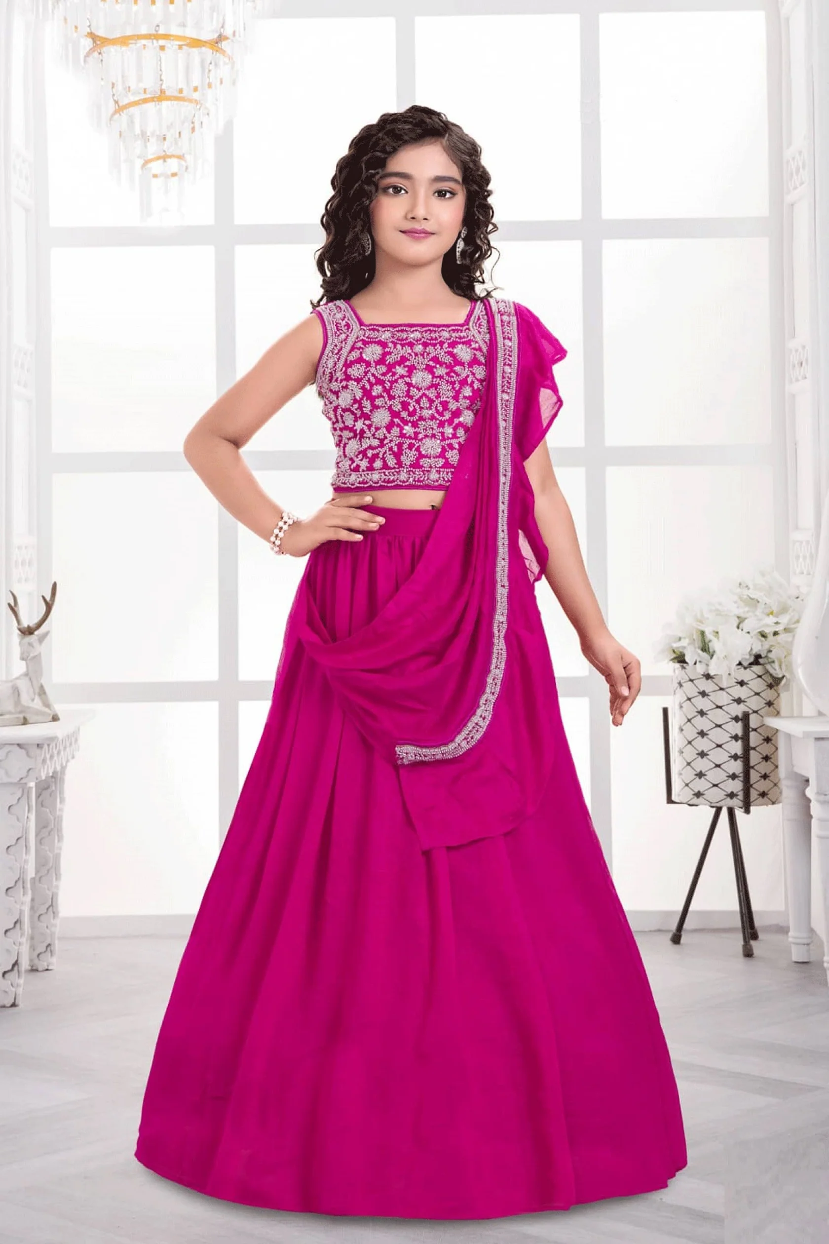Embroidered Art Silk Rani Festive Wear Readymade Lehenga Choli For Kids