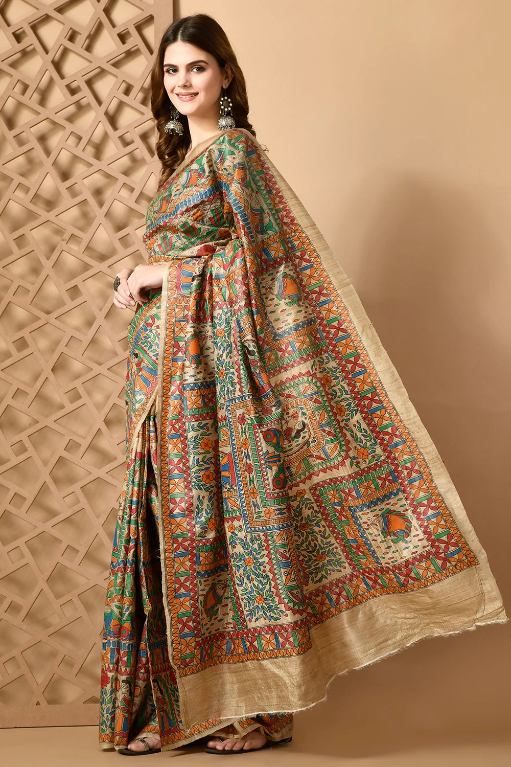 Pure Tussar Silk Madhubani Hand-Painted Saree