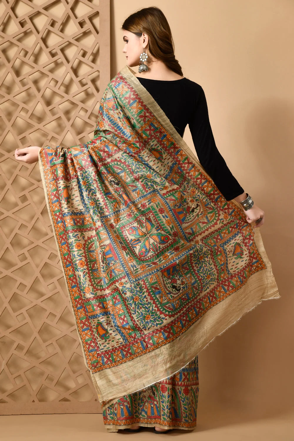 Pure Tussar Silk Madhubani Hand-Painted Saree - Image 2