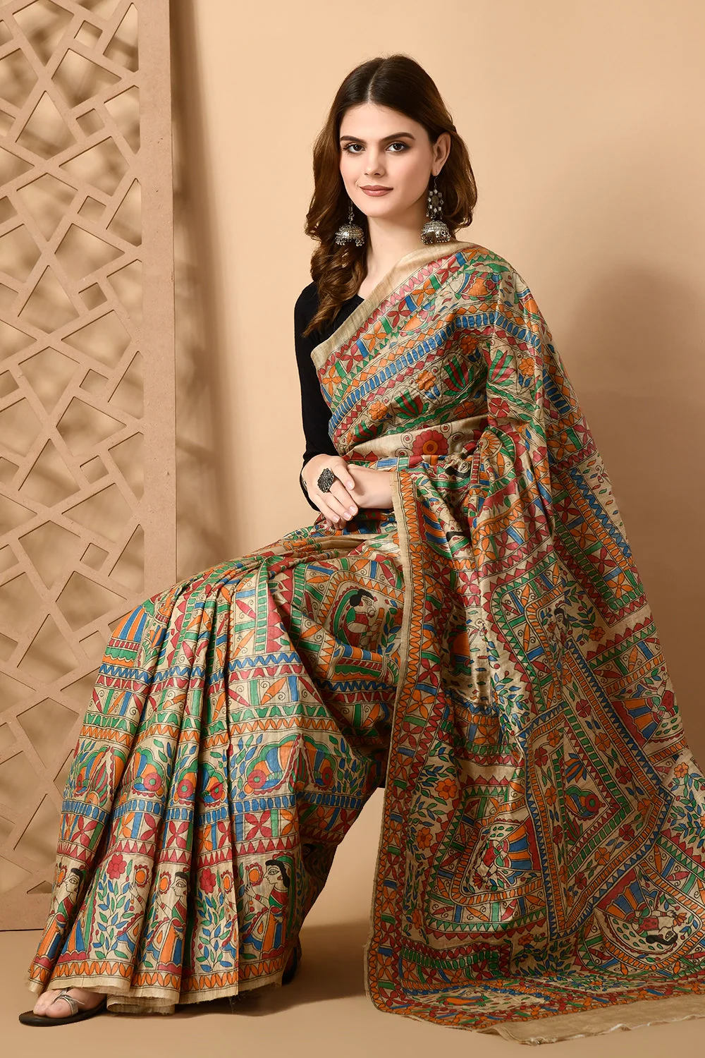 Pure Tussar Silk Madhubani Hand-Painted Saree - Image 3