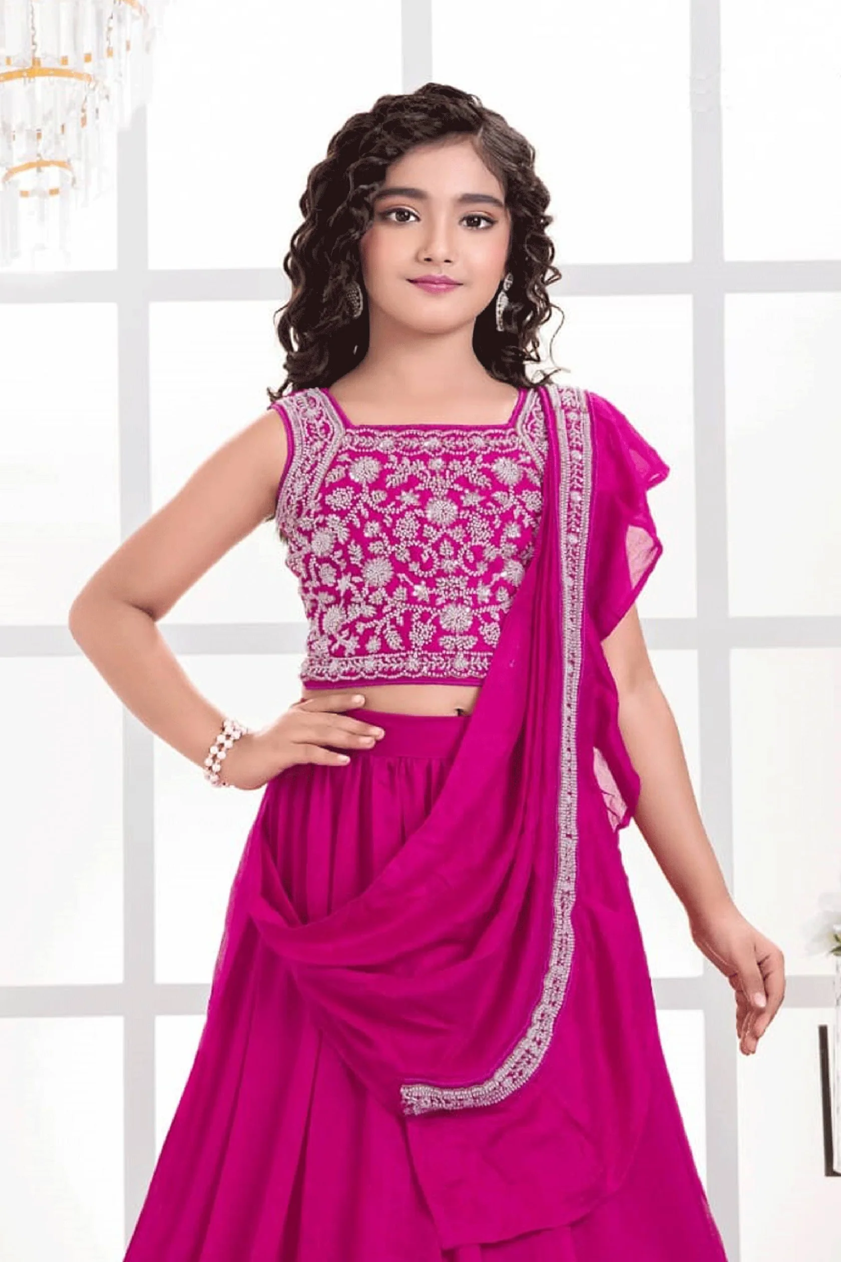 Embroidered Art Silk Rani Festive Wear Readymade Lehenga Choli For Kids - Image 2