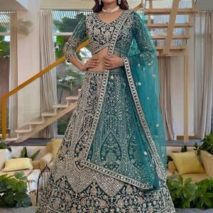 Teal Butterfly Net Sequin Embroidered Lehenga