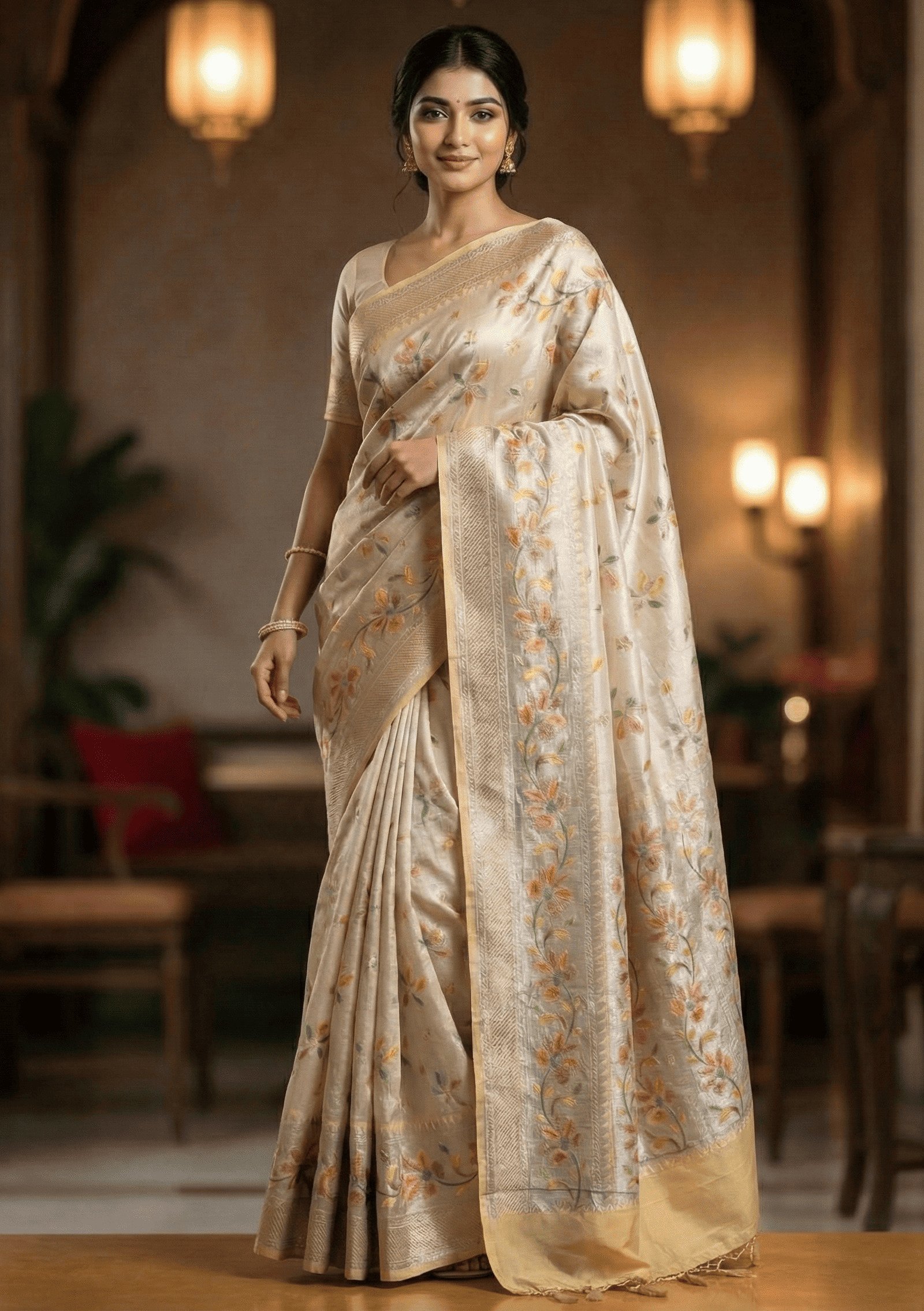 Yellow Banarasi Pure Silk Khaddi Georgette Tissue Saree with Meenakari Work