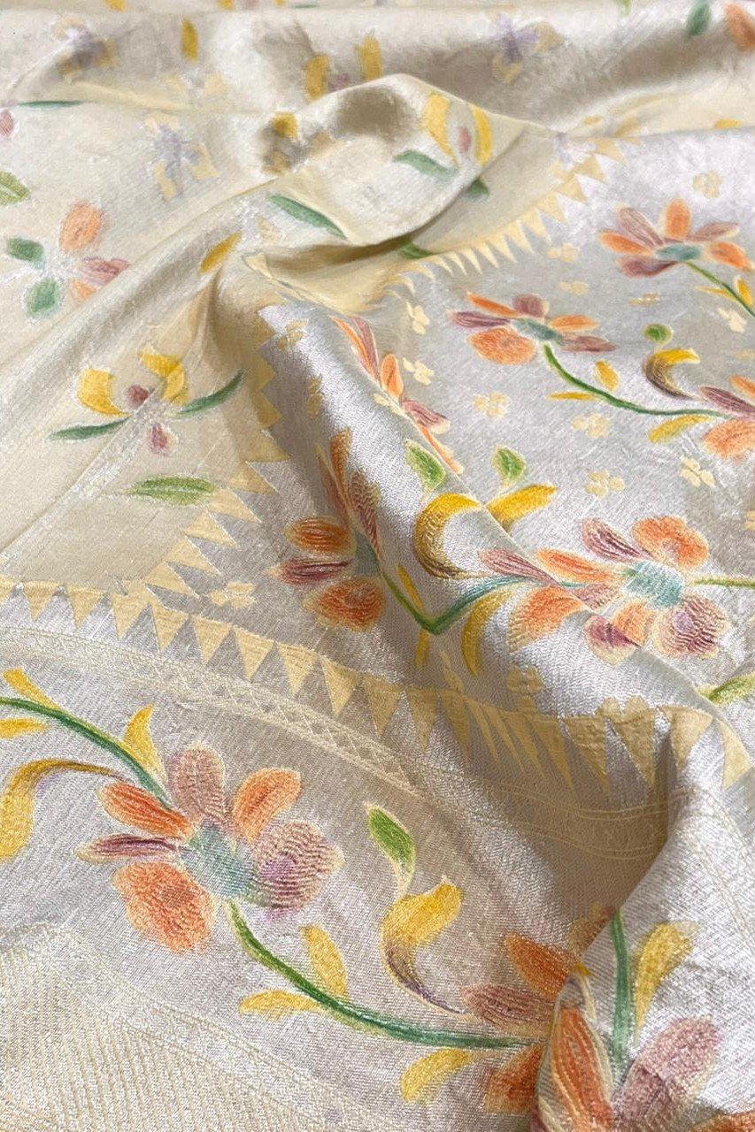 Yellow Banarasi Pure Silk Khaddi Georgette Tissue Saree with Meenakari Work - Image 3