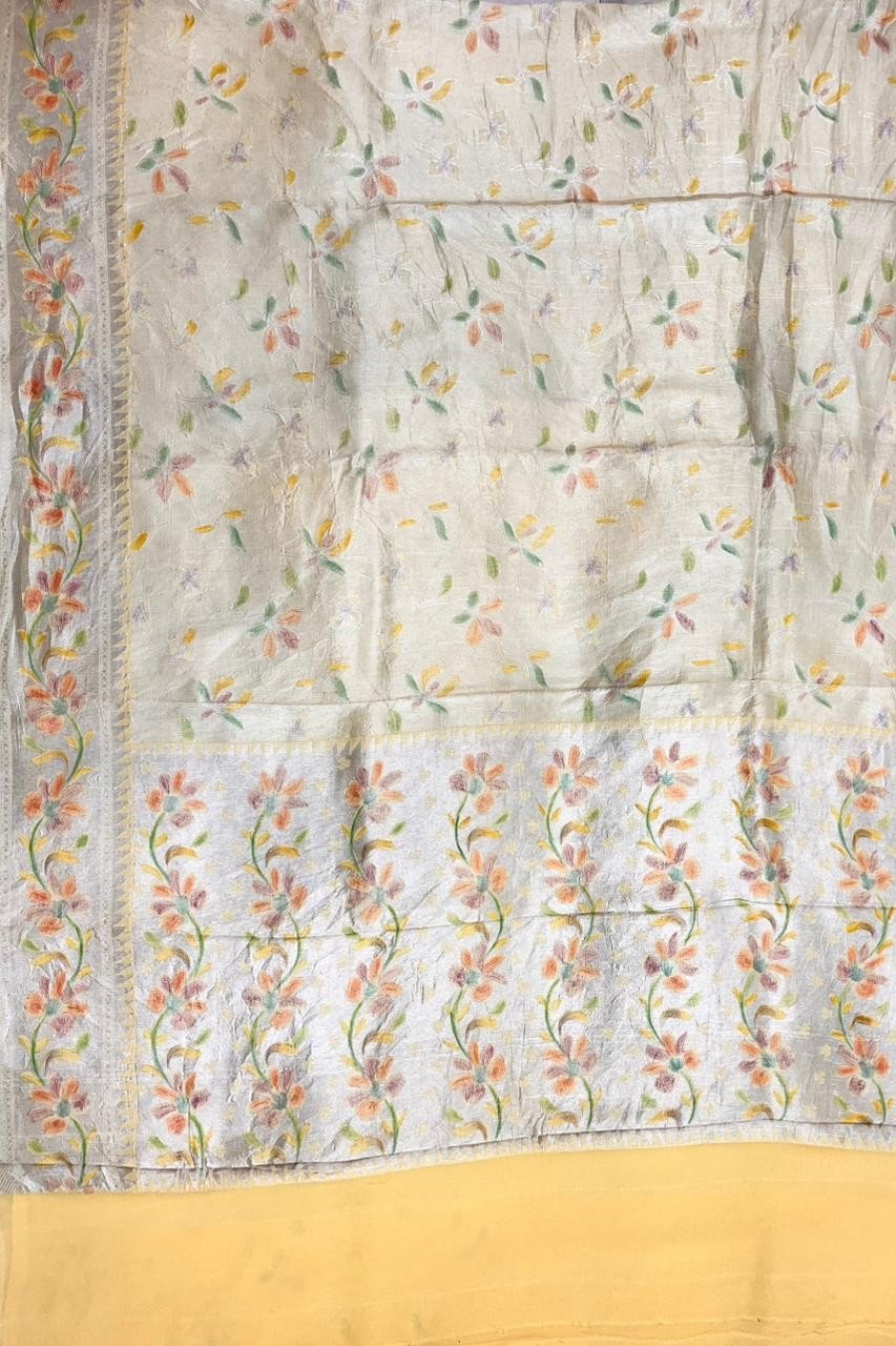 Yellow Banarasi Pure Silk Khaddi Georgette Tissue Saree with Meenakari Work - Image 4