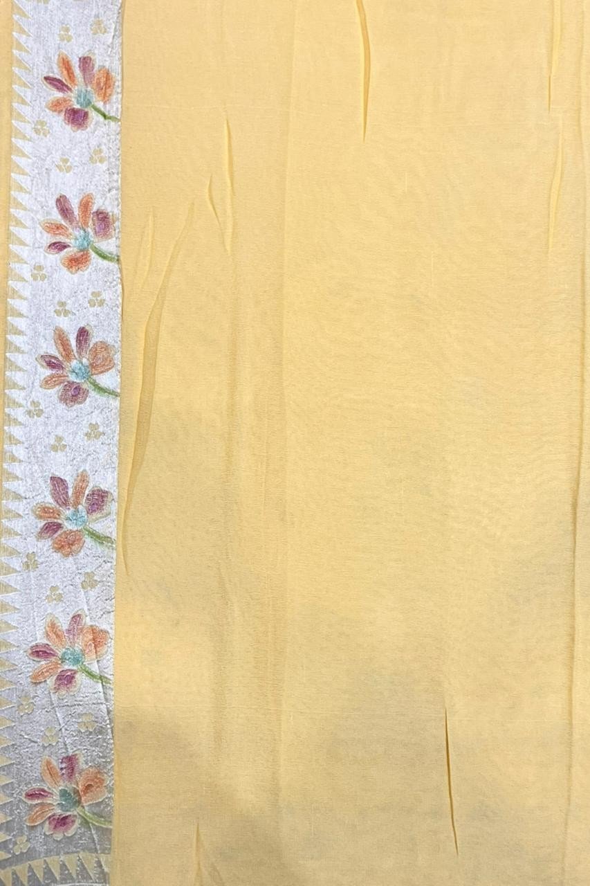 Yellow Banarasi Pure Silk Khaddi Georgette Tissue Saree with Meenakari Work - Image 5